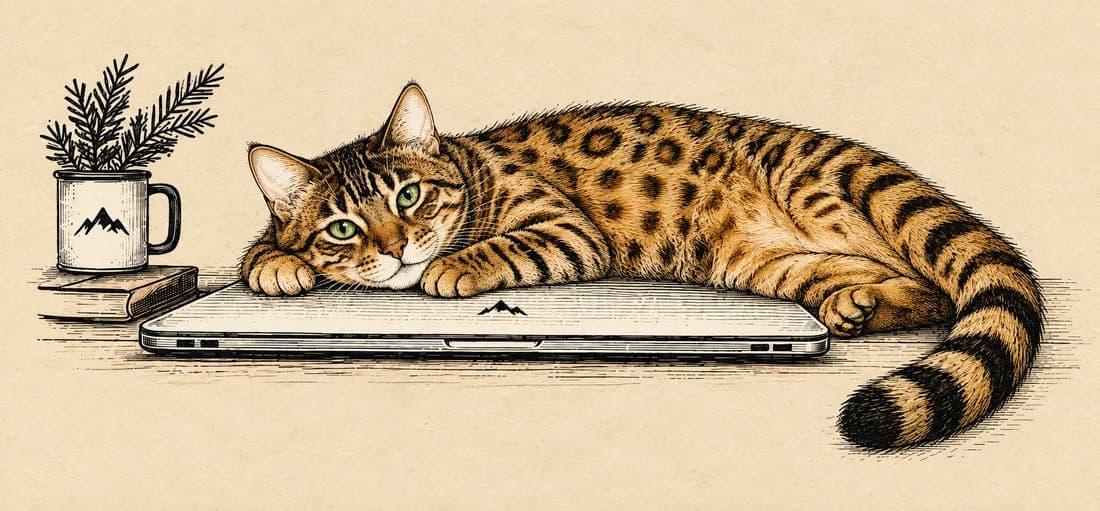 Jaguar, a golden Bengal with green eyes and dark rosettes, resting on a closed laptop.